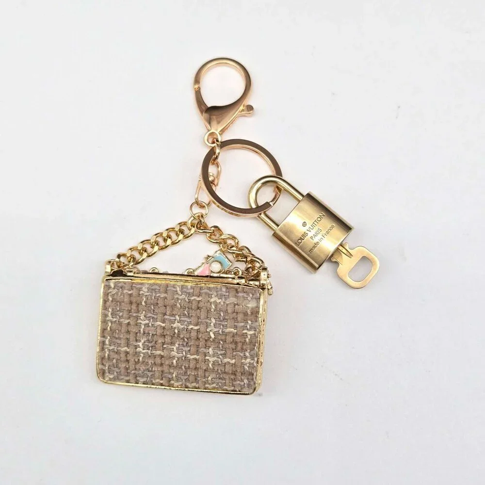 Louis Vuitton Gold Lock 🔒 Authentic LV Key + Unbranded Tweed Bag Charm